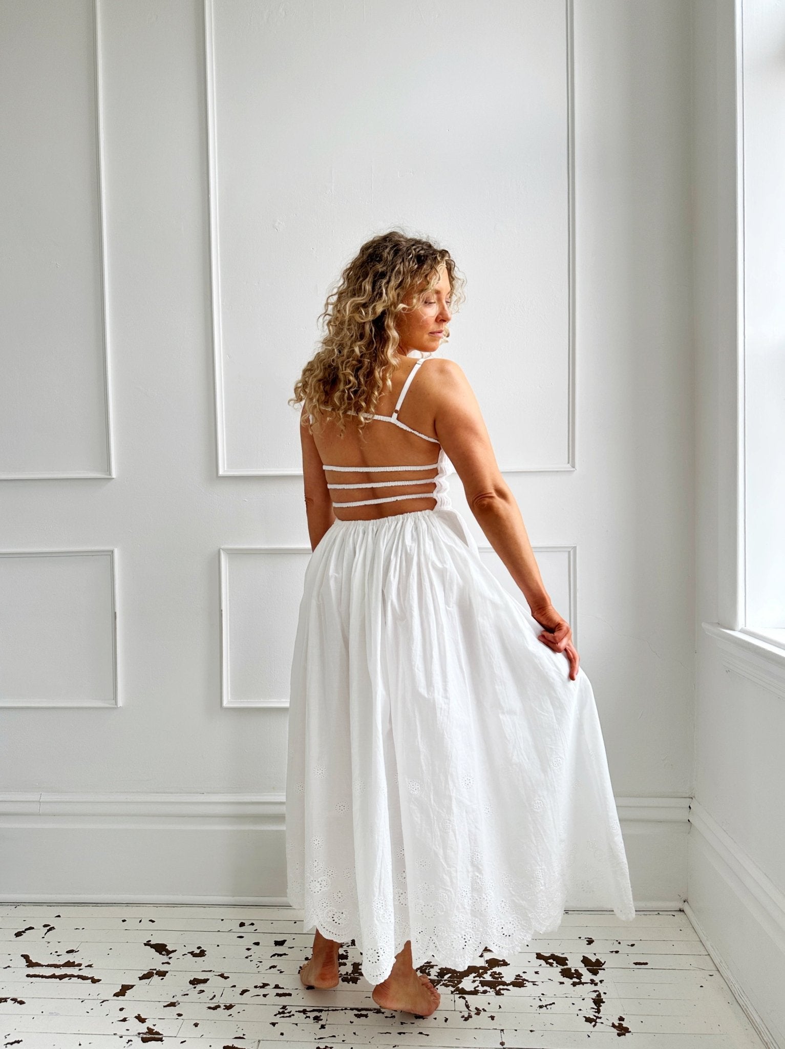 Gathered Bodice Eyelet Midi Dress - Spring Sweet