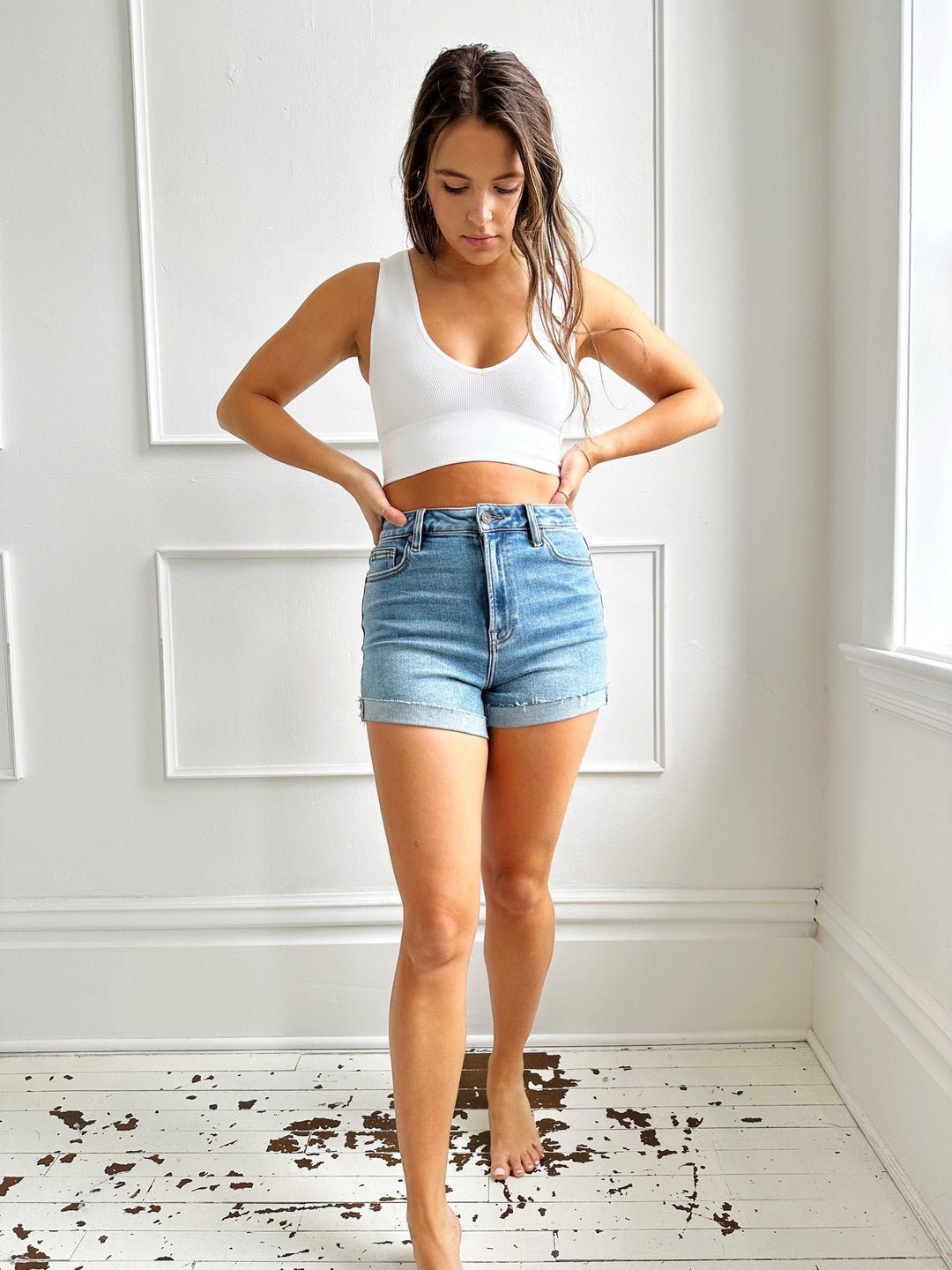 High Rise Rolled Denim Short - Spring Sweet