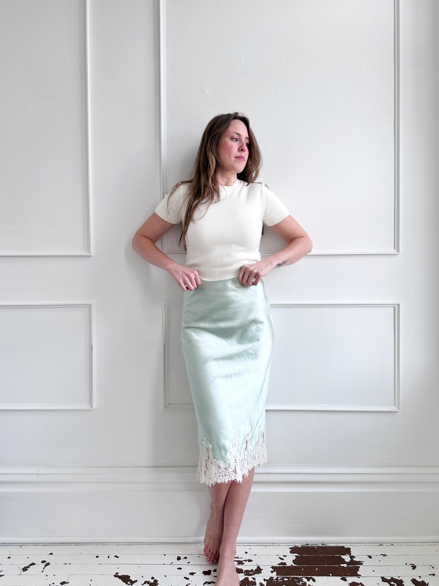 Lace Hem Satin Midi Skirt - Spring Sweet