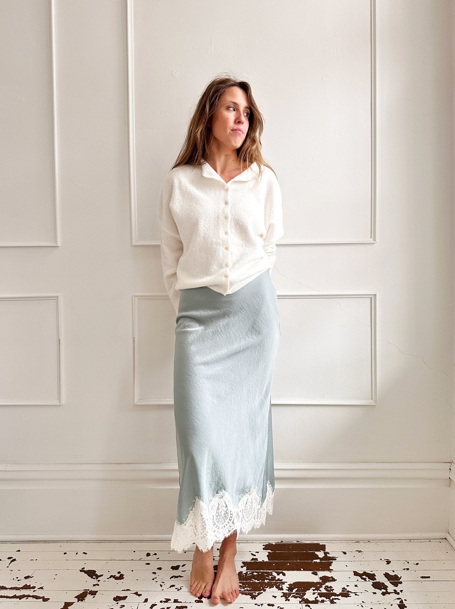 Lace Hem Satin Midi Skirt - Spring Sweet