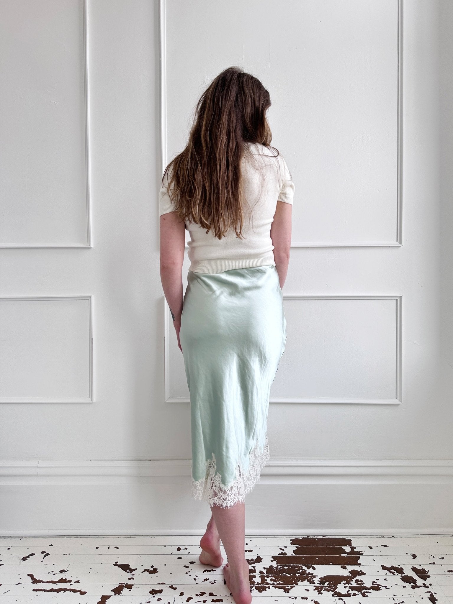 Lace Hem Satin Midi Skirt - Spring Sweet