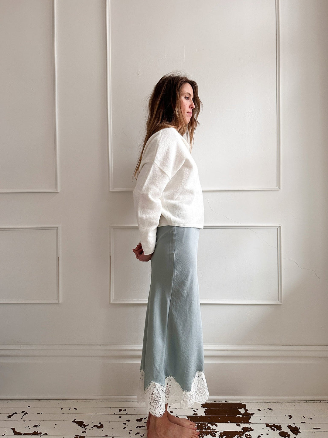 Lace Hem Satin Midi Skirt - Spring Sweet