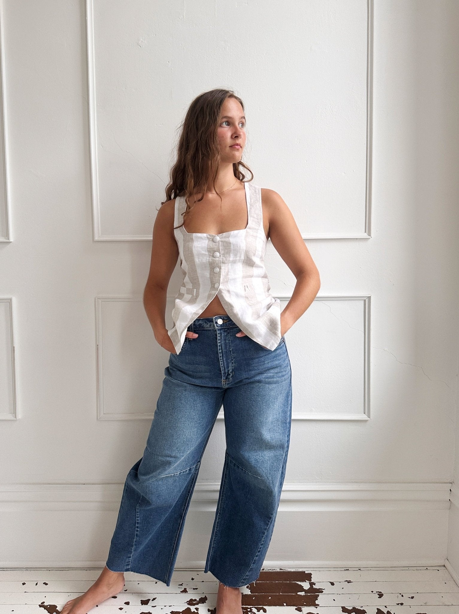 Linen Square Neck Long Vest - Spring Sweet