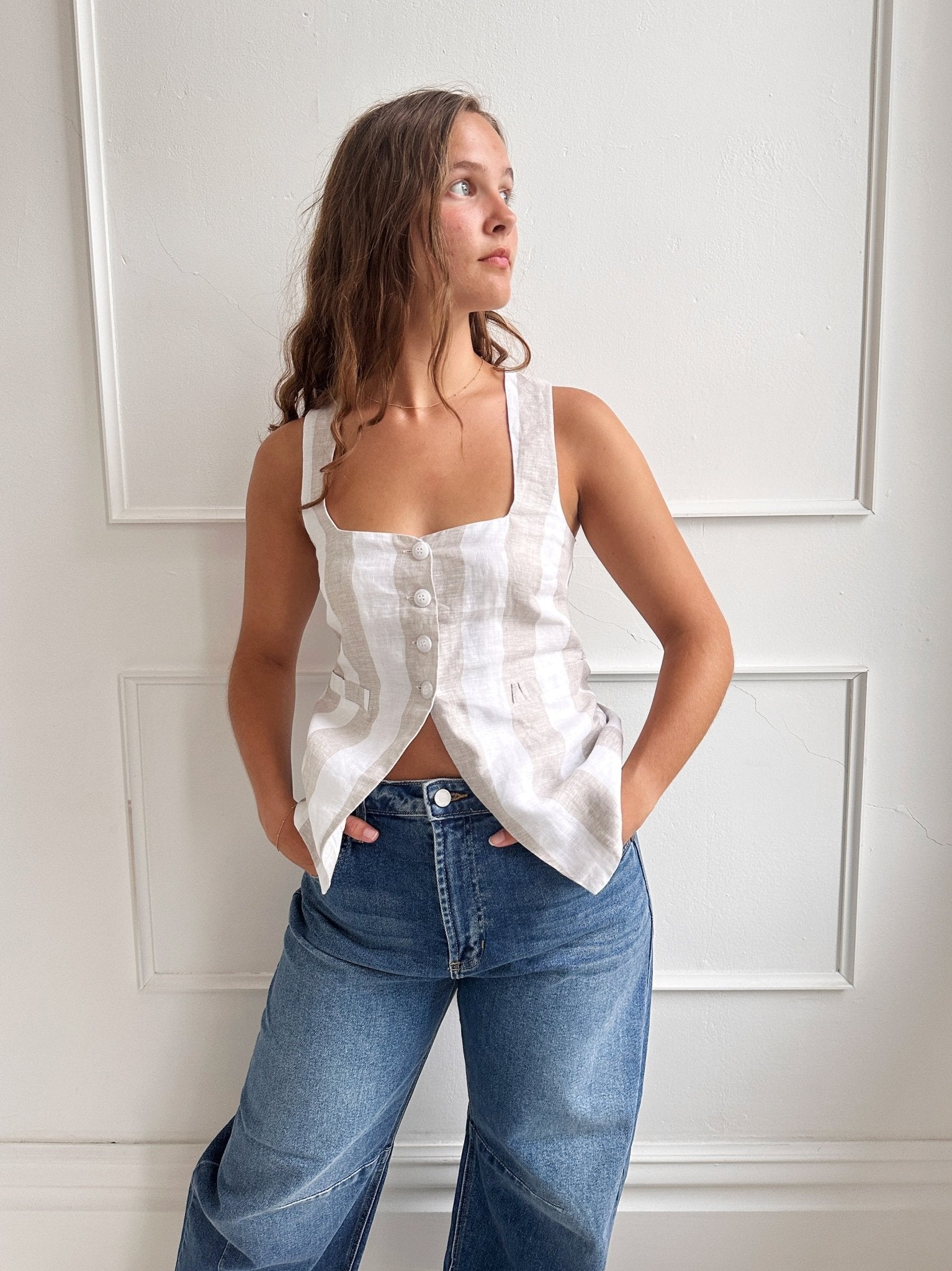 Linen Square Neck Long Vest - Spring Sweet