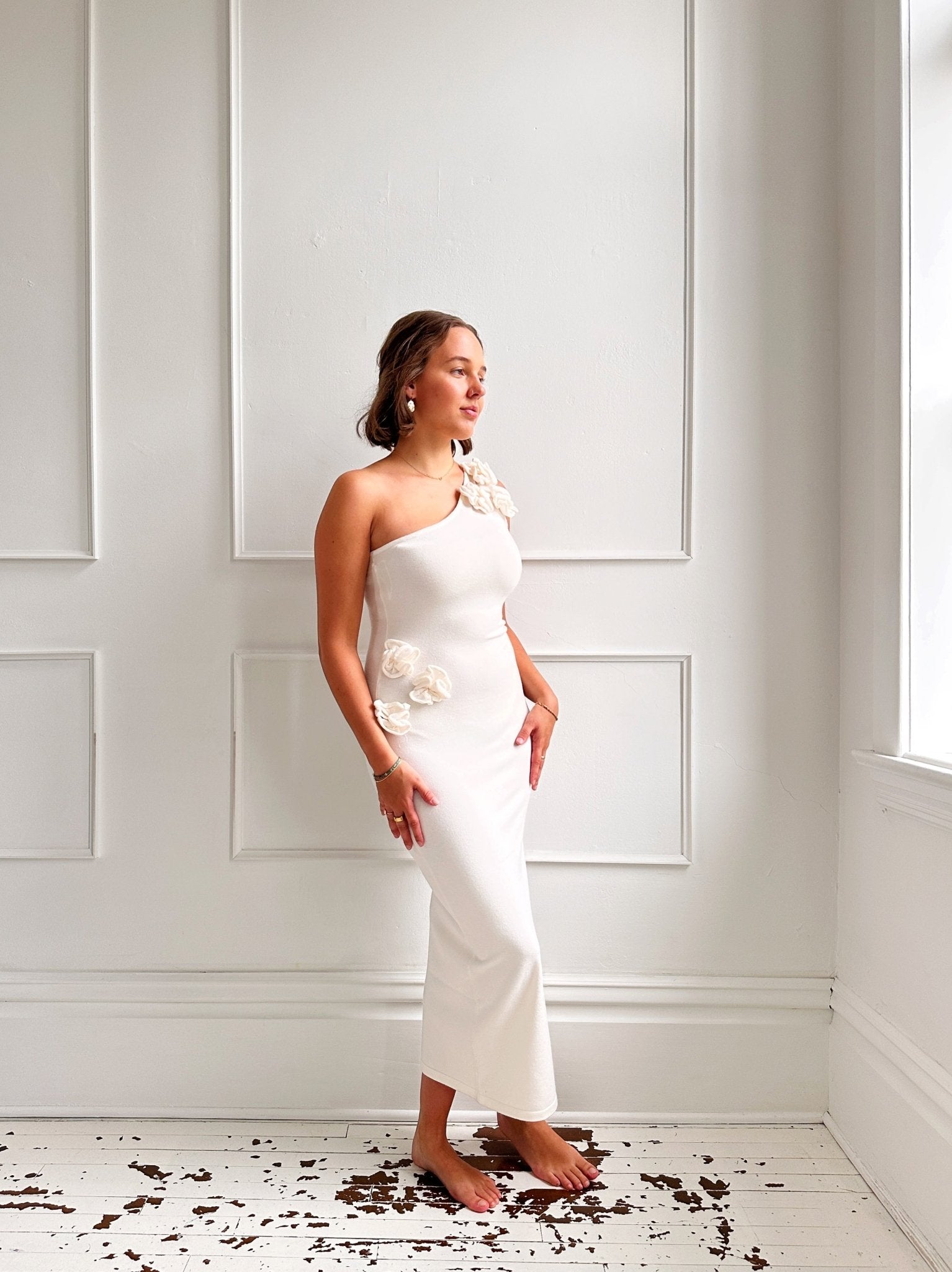 One Shoulder Rosette Sweater Dress - Spring Sweet