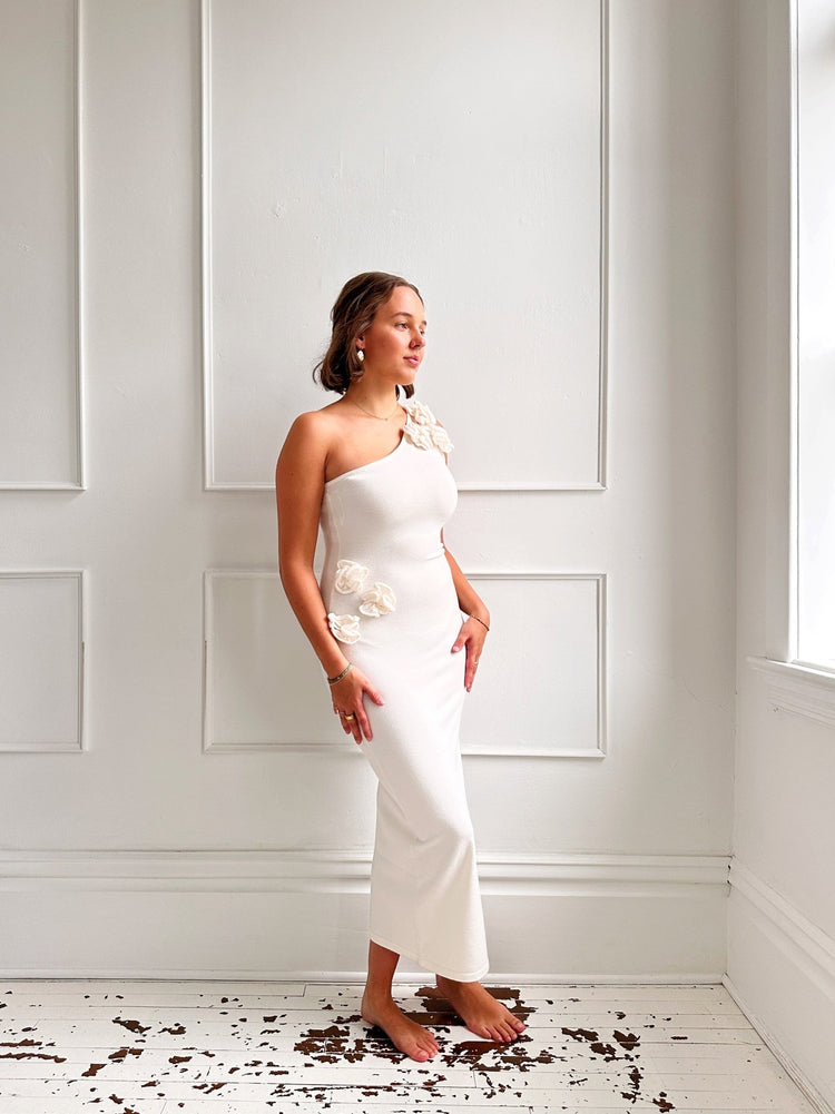 One Shoulder Rosette Sweater Dress - Spring Sweet