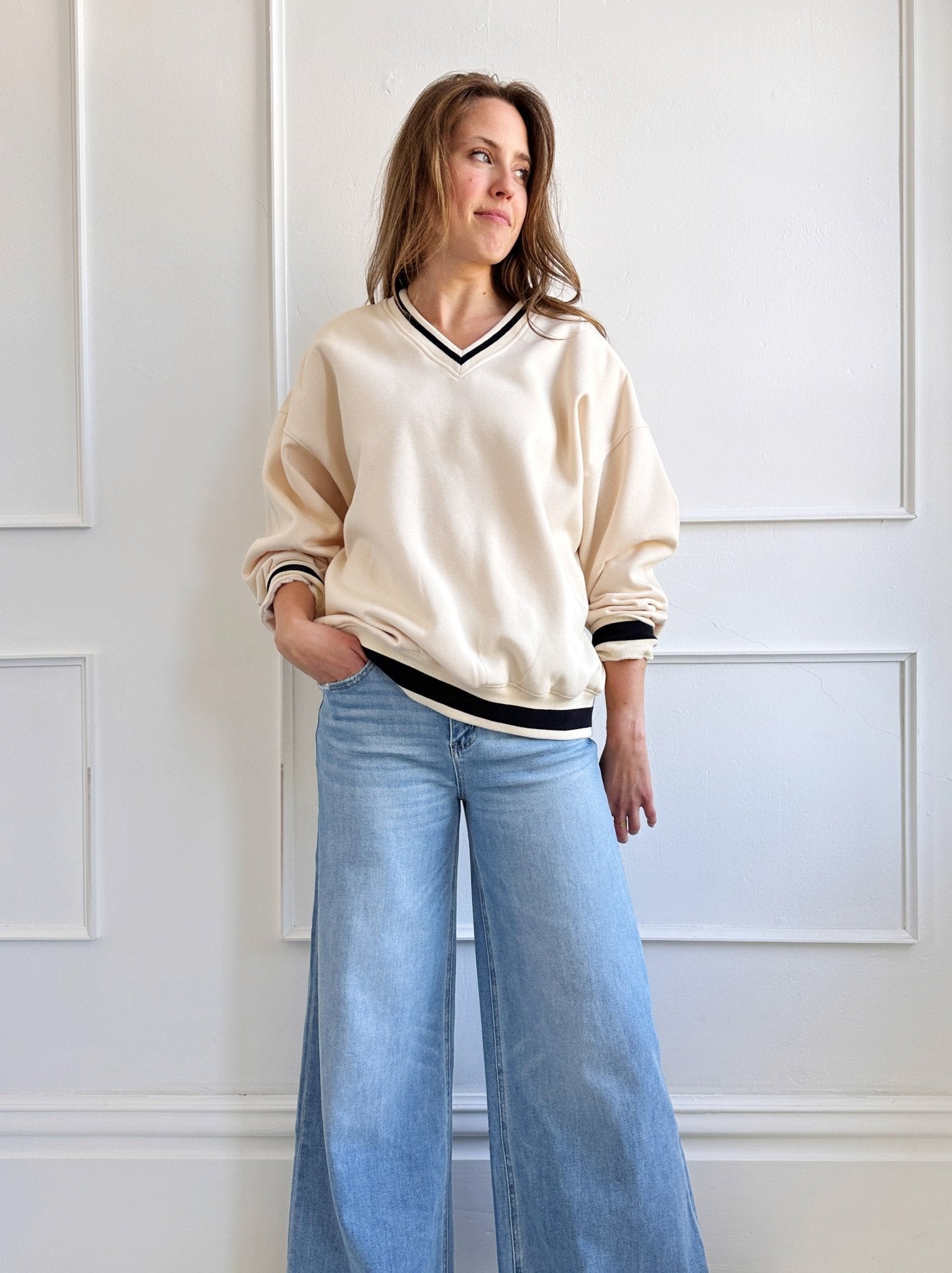 Oversized Pullover w Contrast Trim - Spring Sweet
