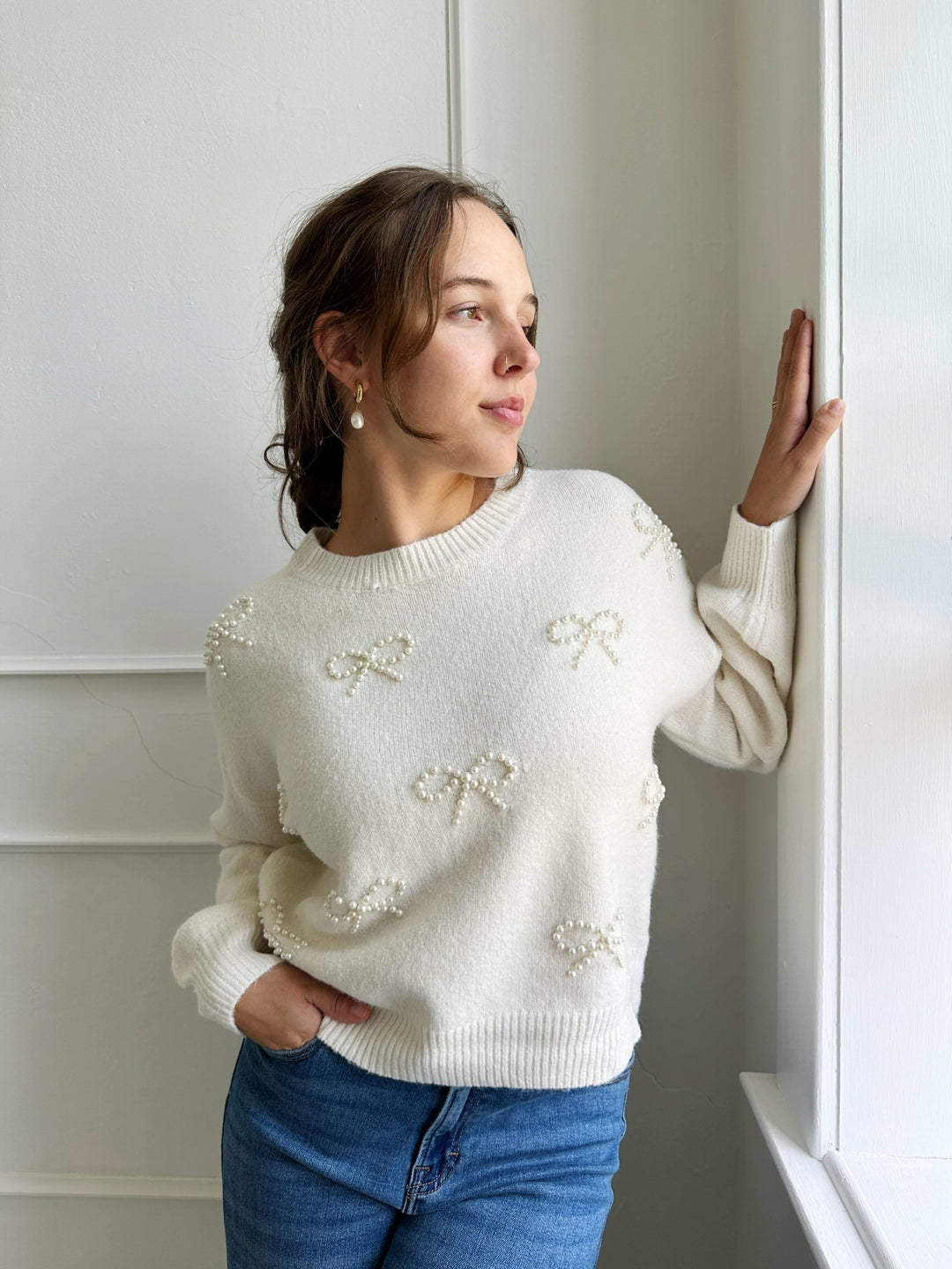 Pearl Bow Crewneck Sweater - Spring Sweet