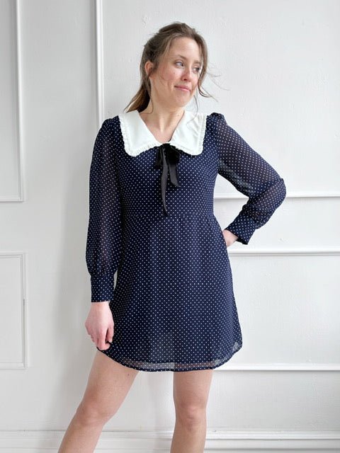 navy blue polka dot dress white collar Navy Polka Dot Halter Neck Ruffle Short Dress DazzleBar
