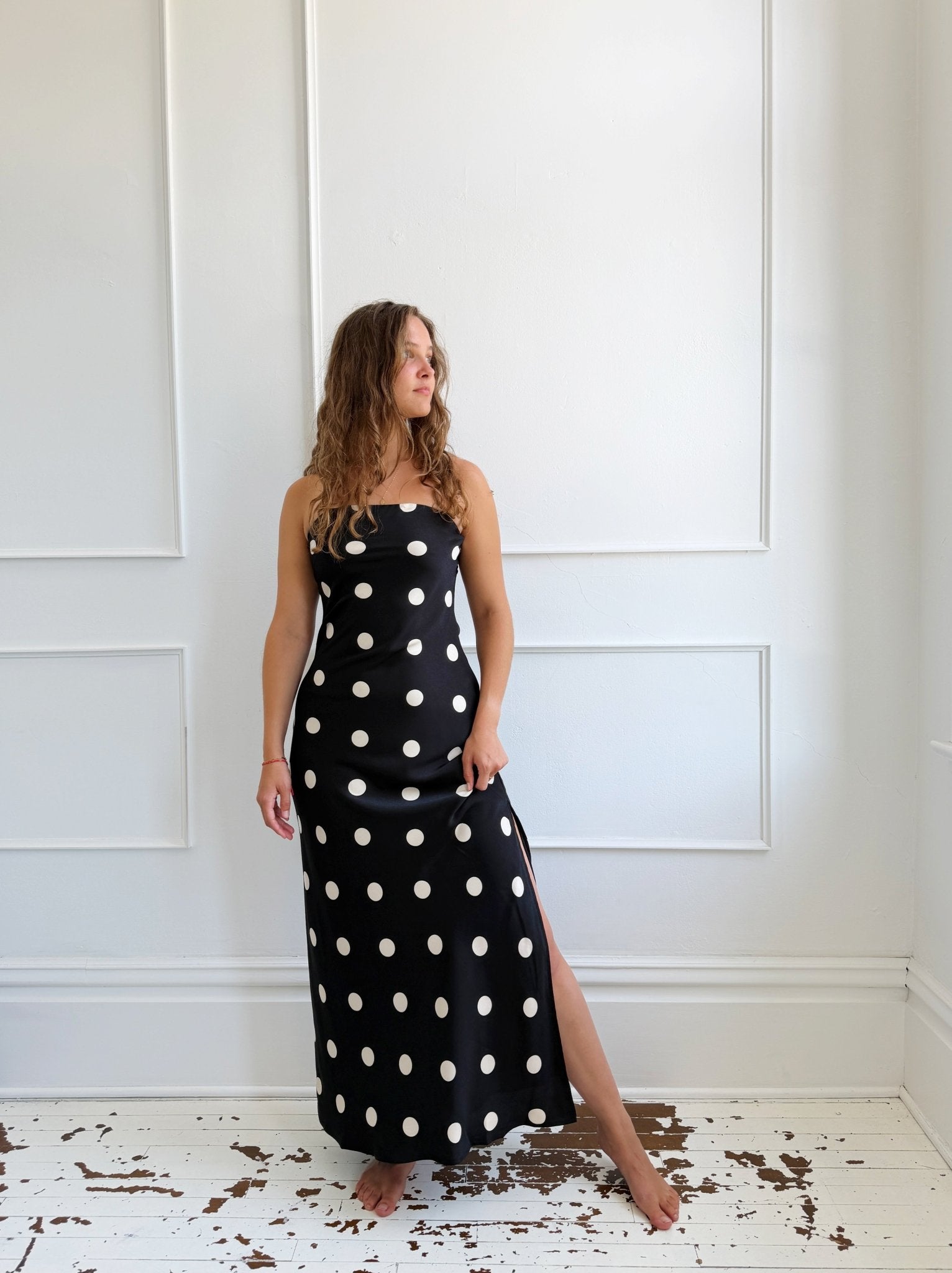 Polka Dot Strapless Satin Dress Black / Medium