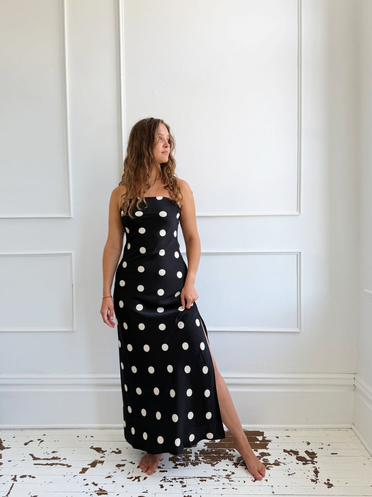 Polka Dot Strapless Satin Dress Black / Medium