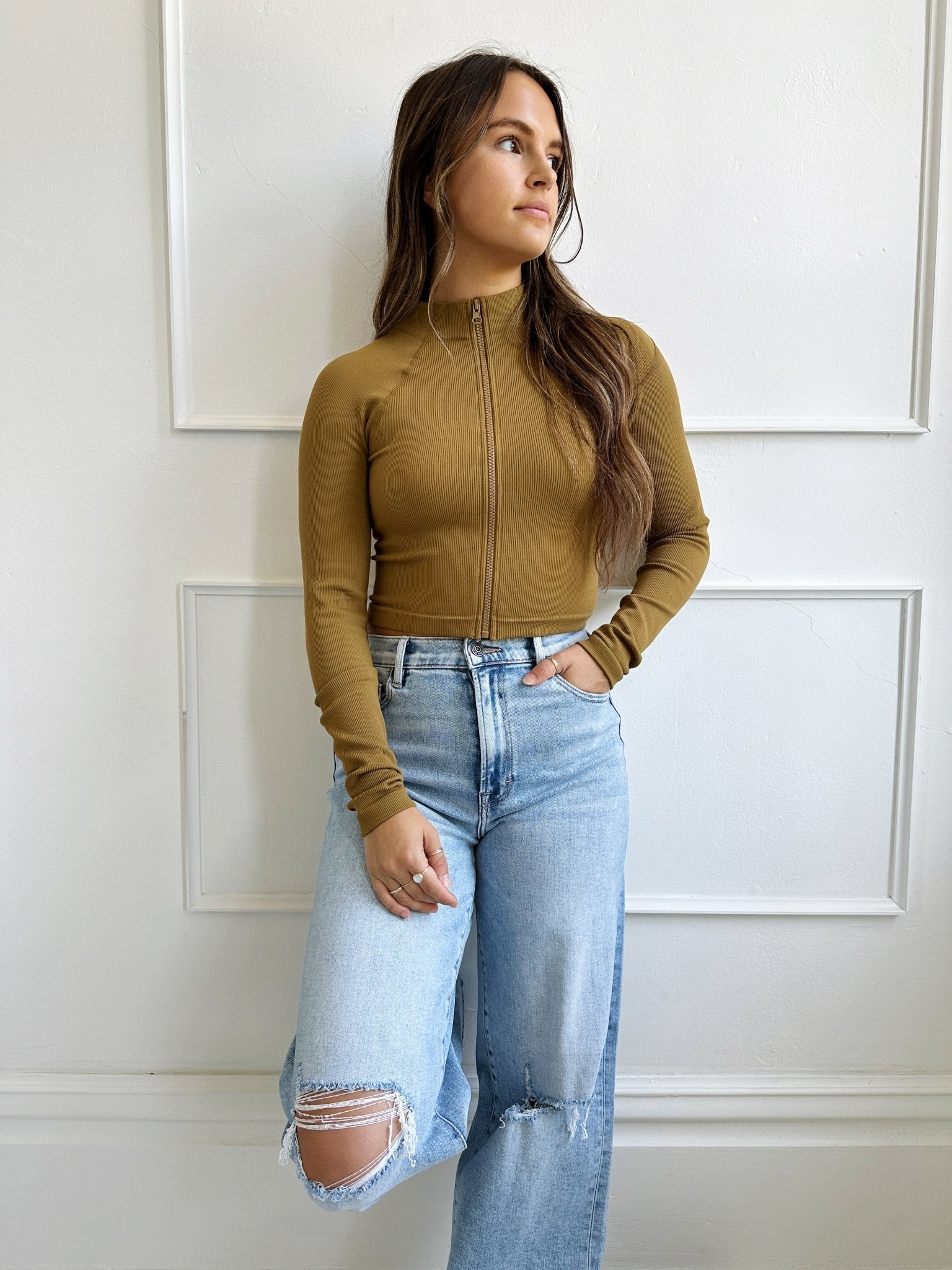 Ribbed Cropped Zip Up - Spring Sweet