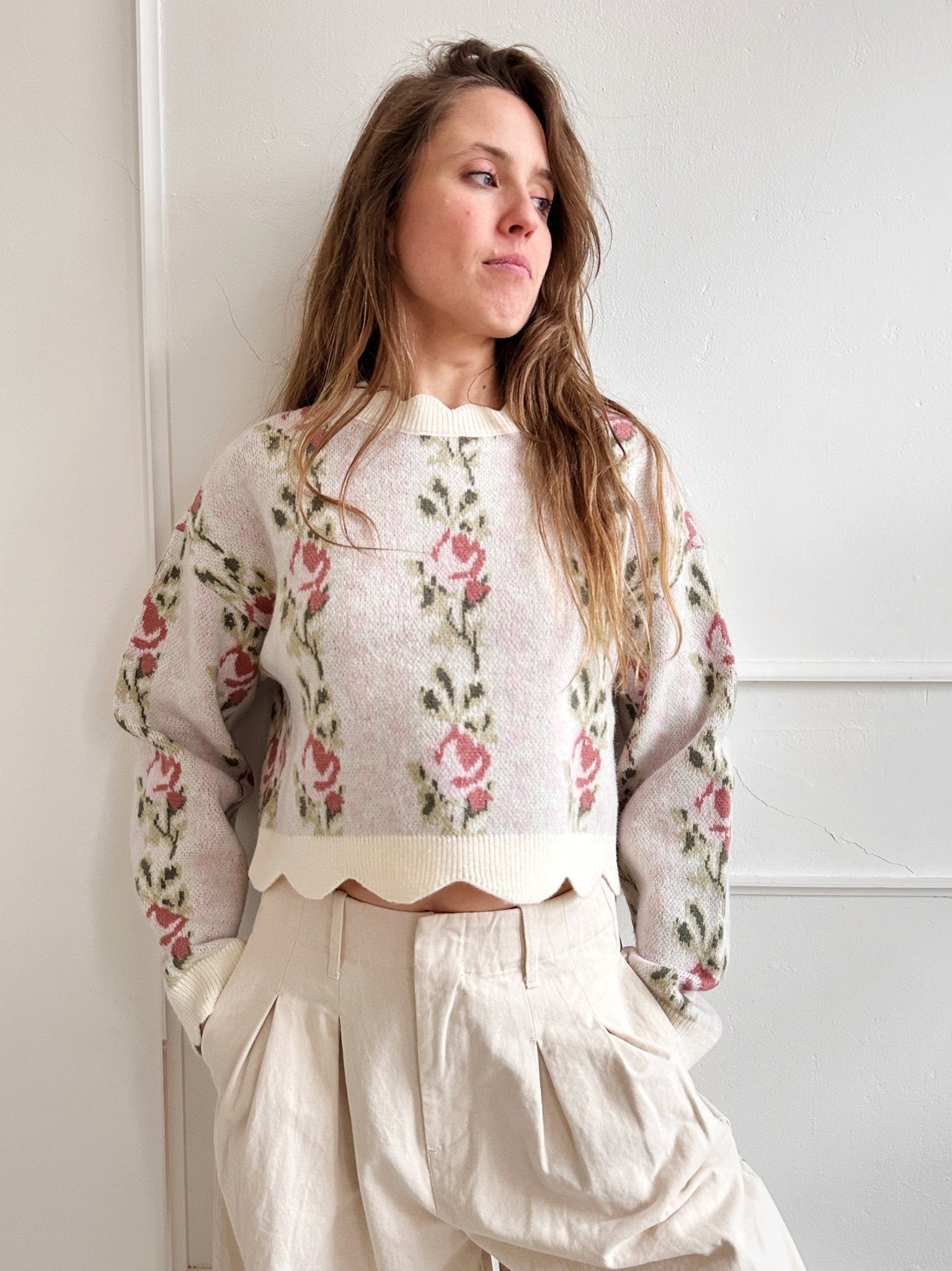 Rose Sweater w/ Scalloped Hem - Spring Sweet