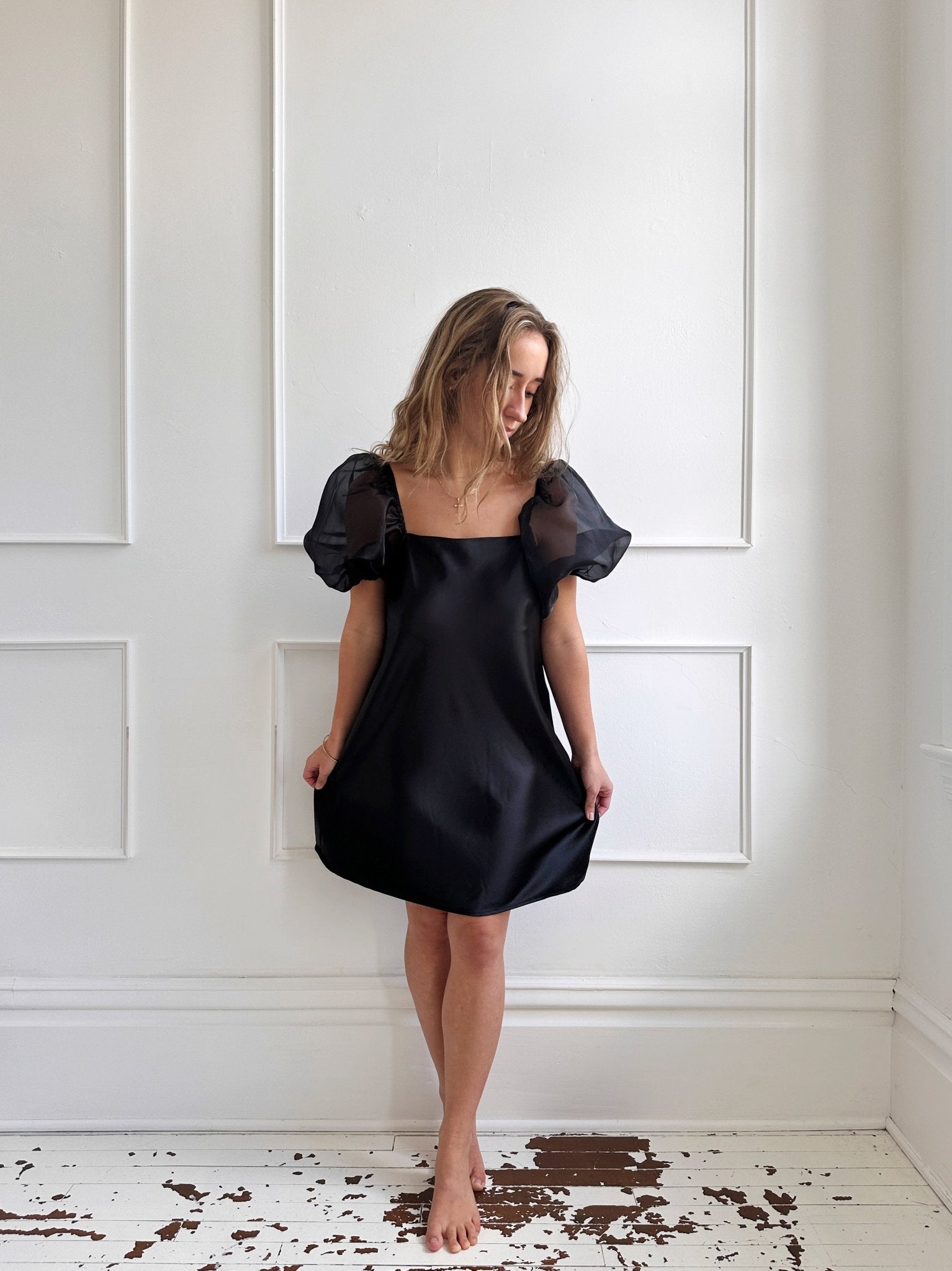 Satin Mini Dress w Organza Sleeves - Spring Sweet