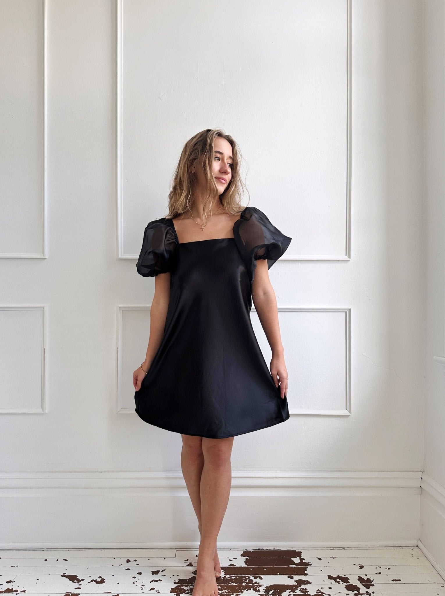 Satin Mini Dress w Organza Sleeves - Spring Sweet