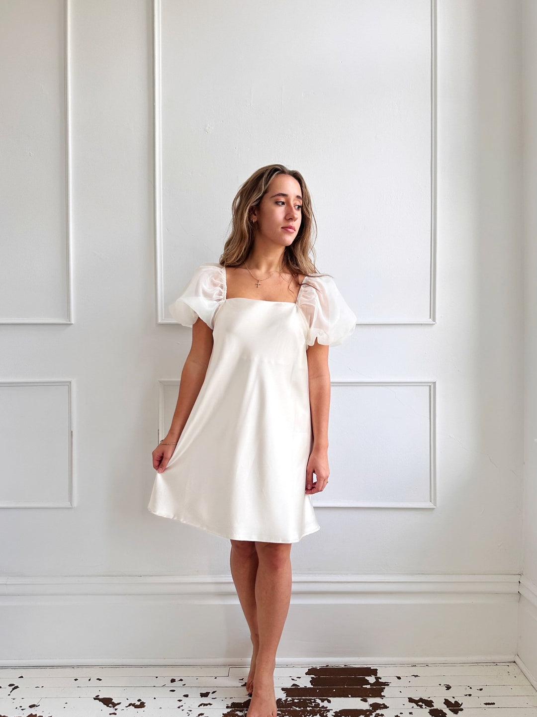 Satin Mini Dress w Organza Sleeves - Spring Sweet