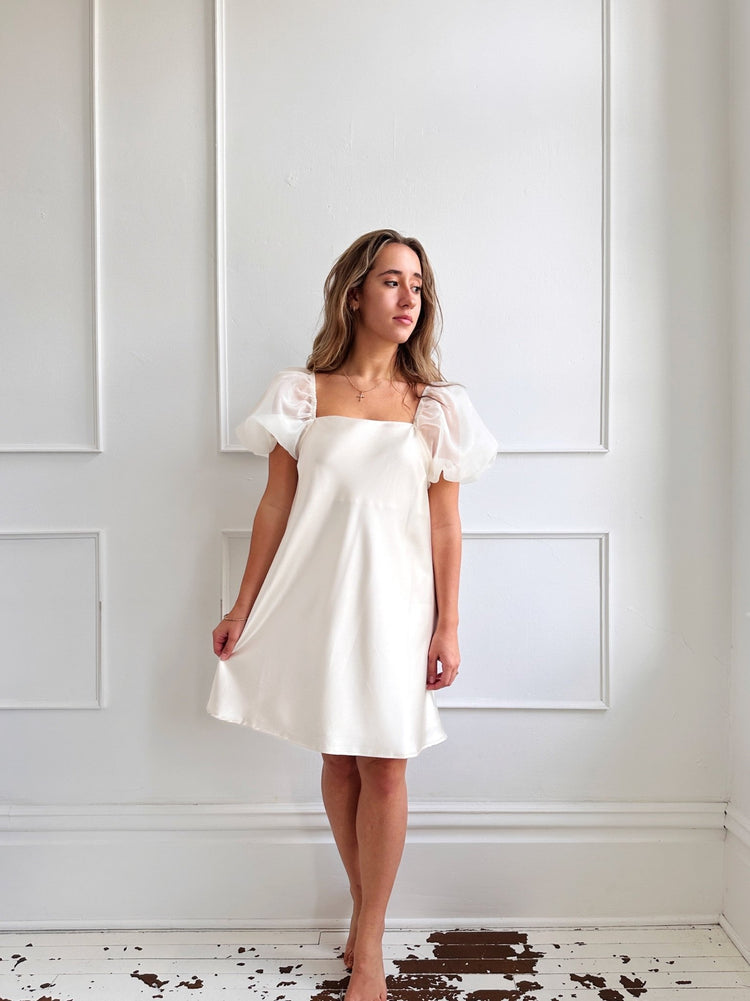 Satin Mini Dress w Organza Sleeves - Spring Sweet