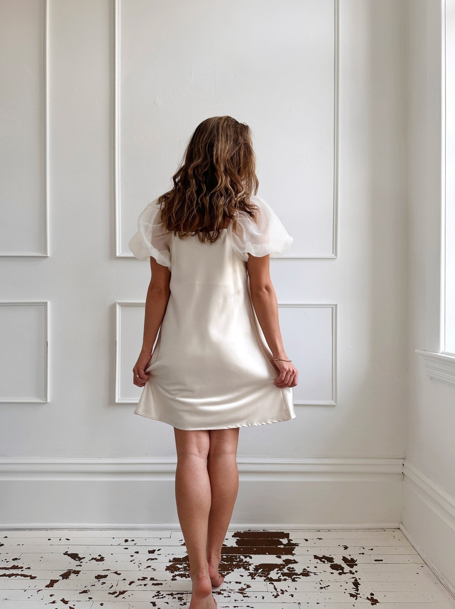 Satin Mini Dress w Organza Sleeves - Spring Sweet