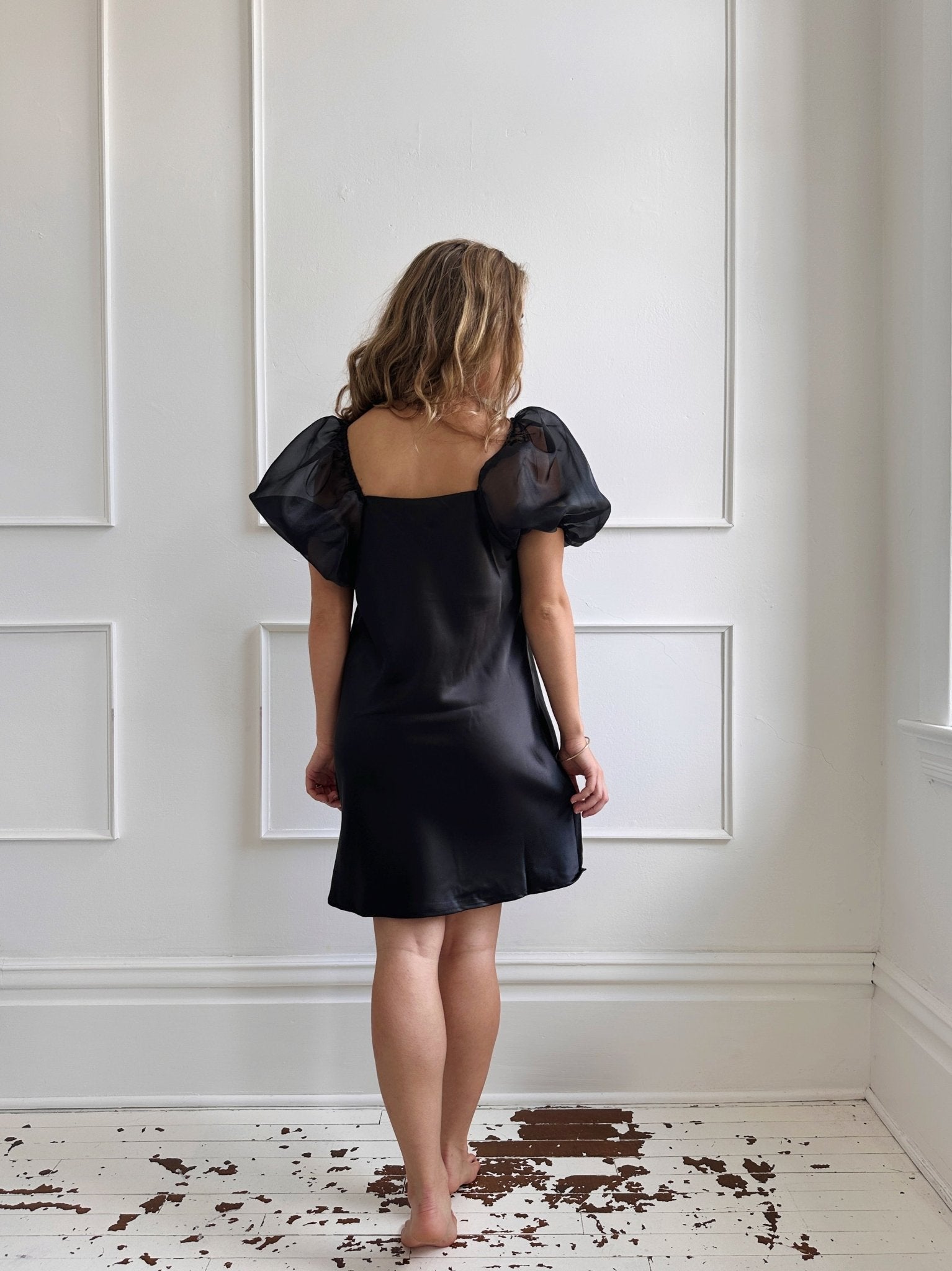 Satin Mini Dress w Organza Sleeves - Spring Sweet