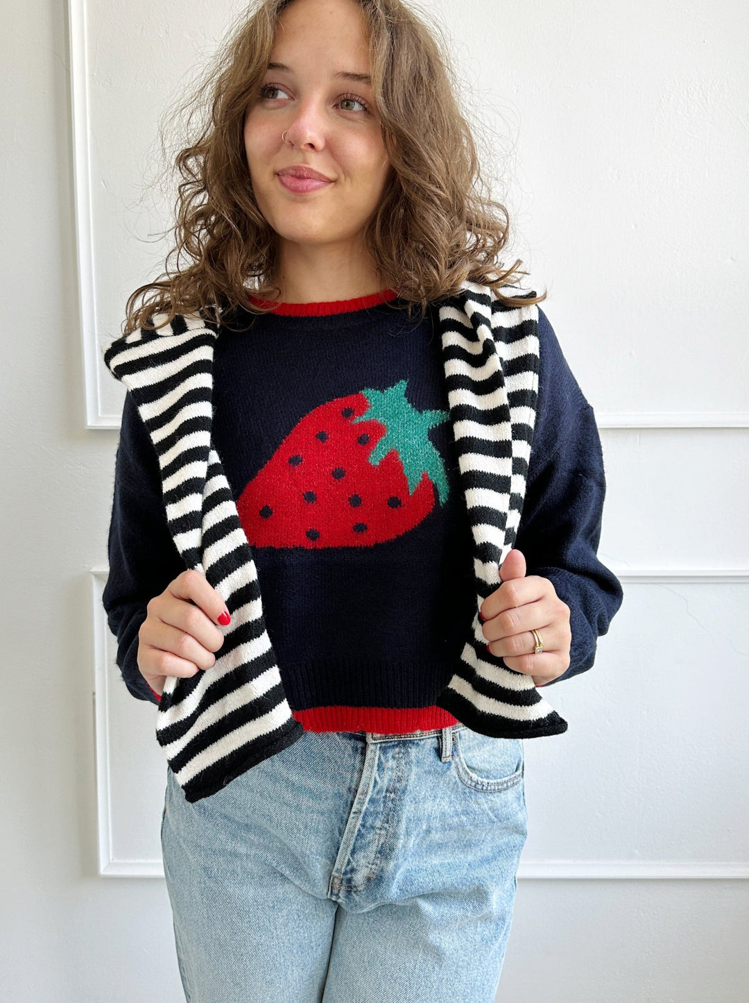 Stitched Strawberry Sweater - Spring Sweet