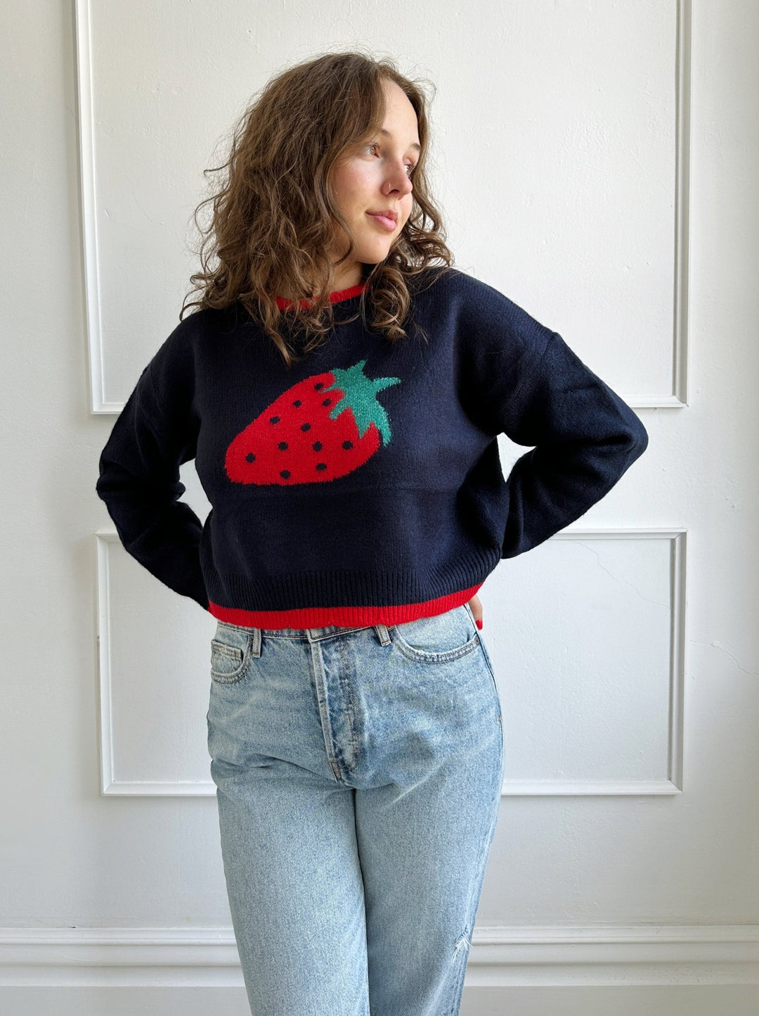 Stitched Strawberry Sweater - Spring Sweet