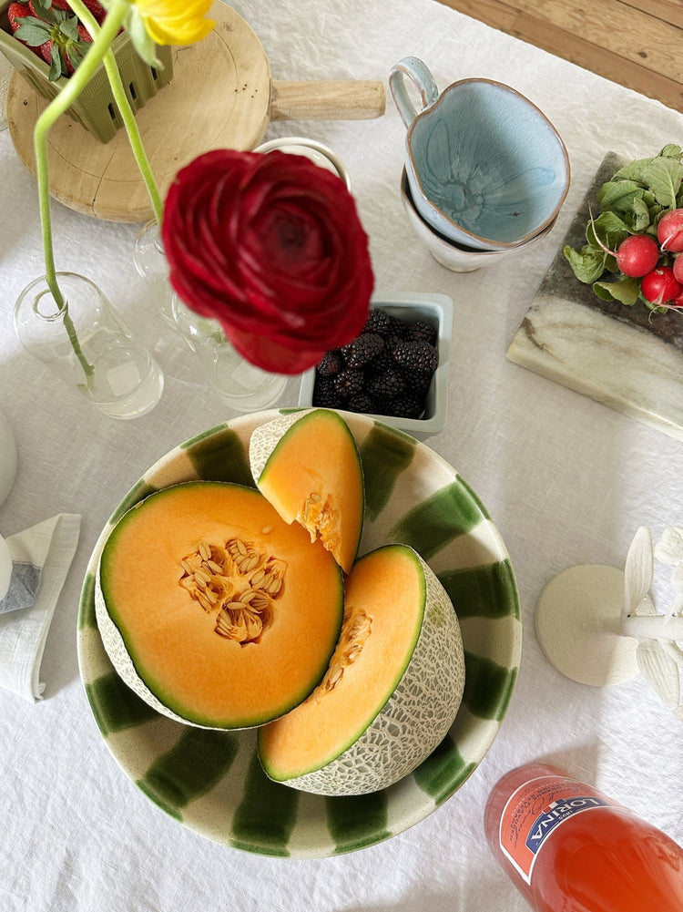 Stoneware Footed Bowl w/ Stripes - Spring Sweet
