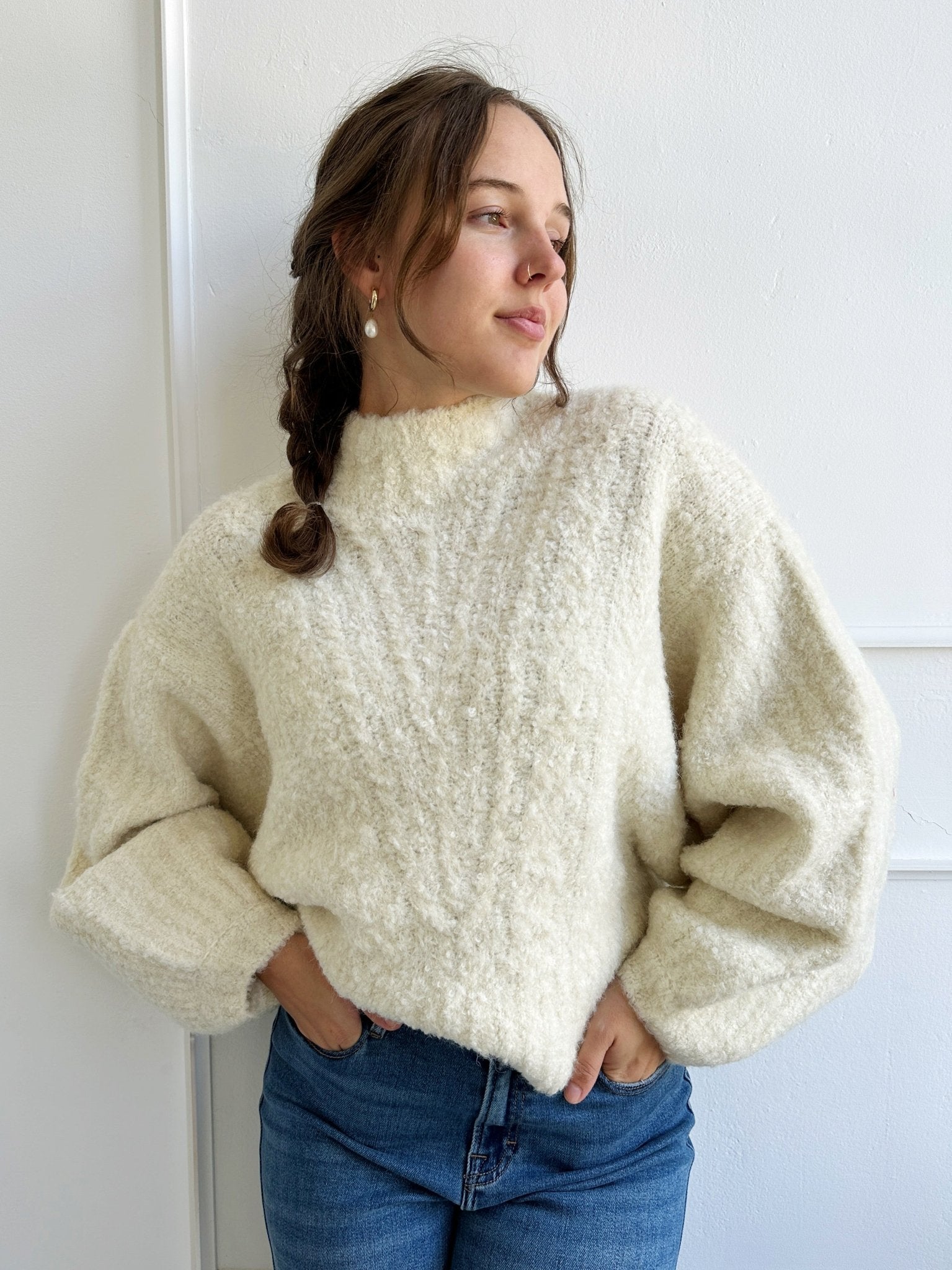 Textured Knit Balloon Sleeve Sweater - Spring Sweet