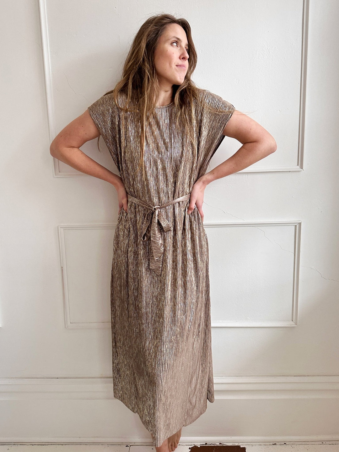 Tie Waist Metallic Midi Dress - Spring Sweet