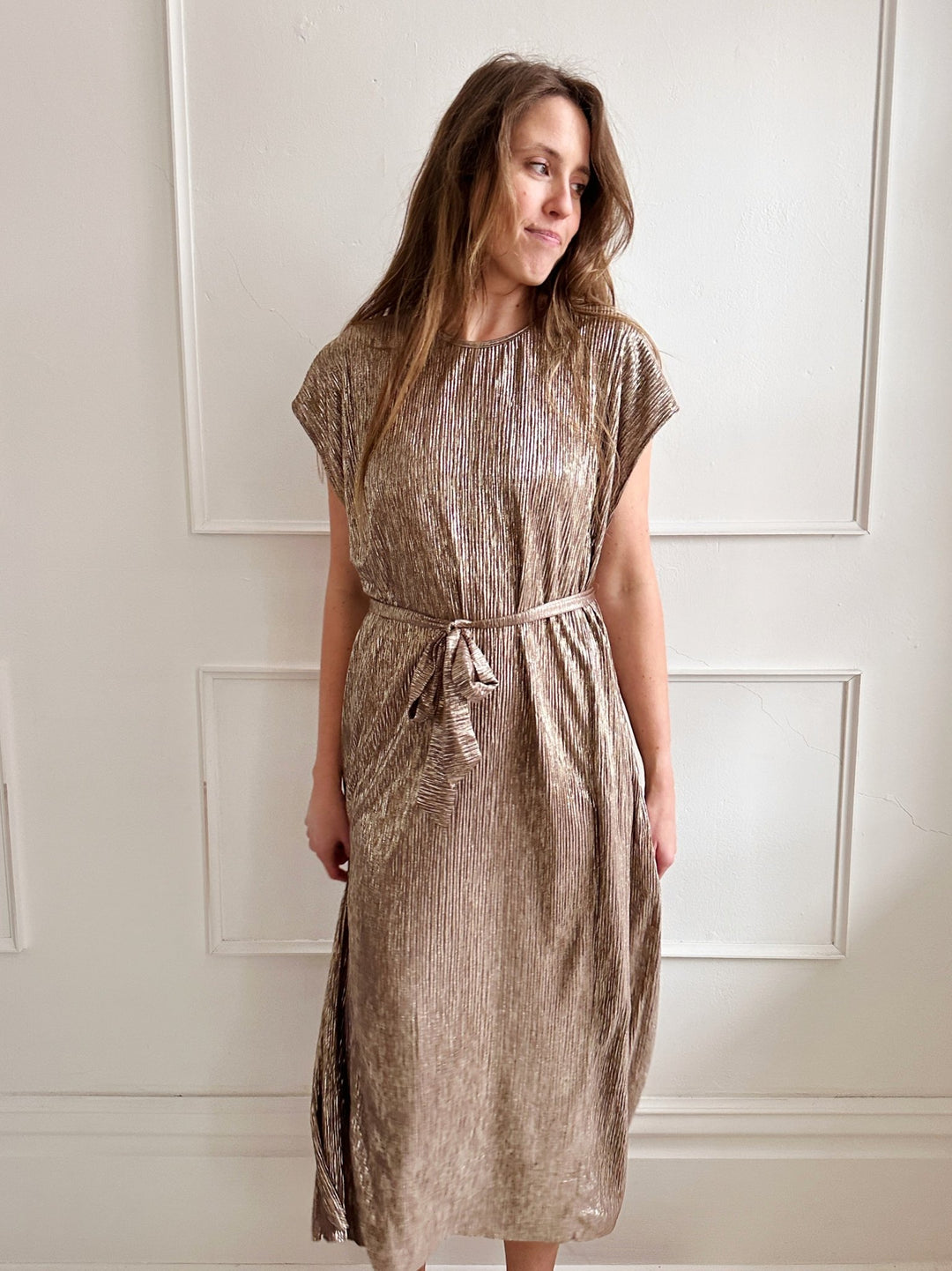 Tie Waist Metallic Midi Dress - Spring Sweet
