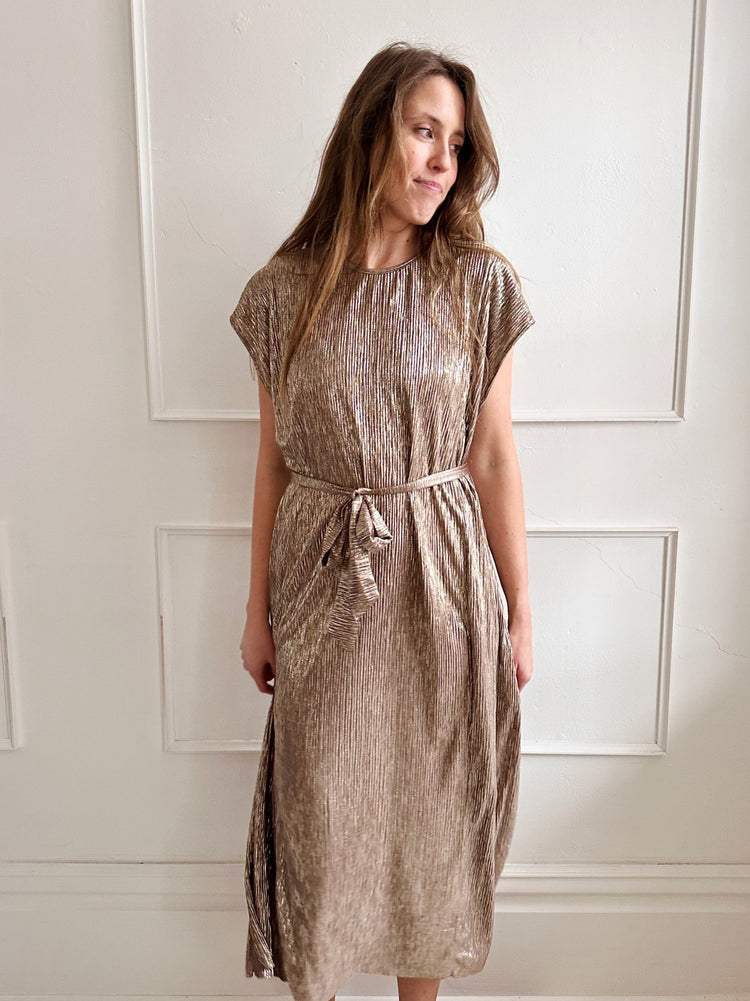 Tie Waist Metallic Midi Dress - Spring Sweet