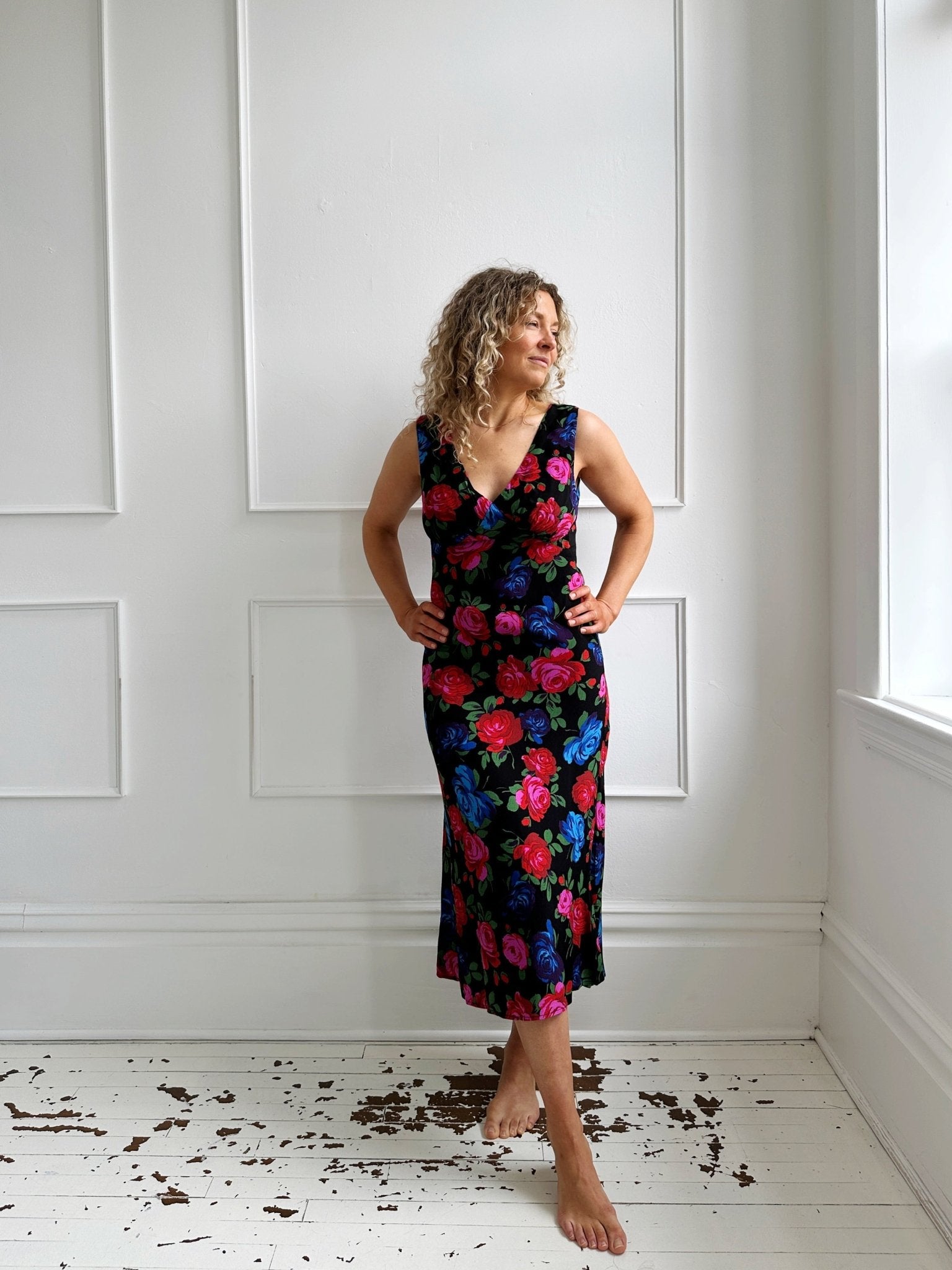 V - Neck Bias Cut Midi Dress - Spring Sweet