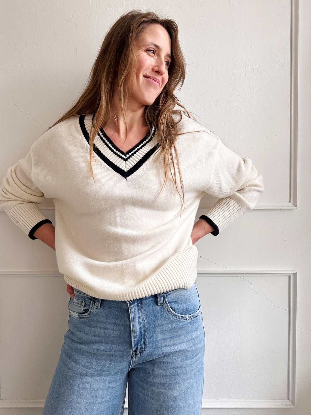 V - Neck Sweater w/Contrast - Spring Sweet