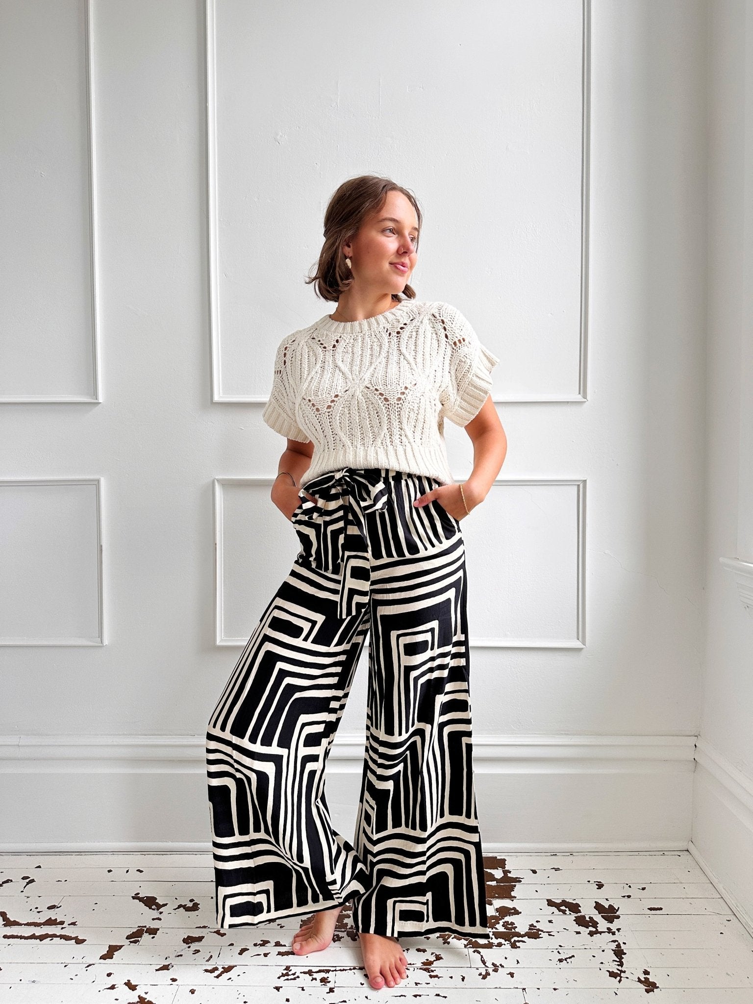 Wide Leg Geometric Pants w/ Tie Waist - Spring Sweet