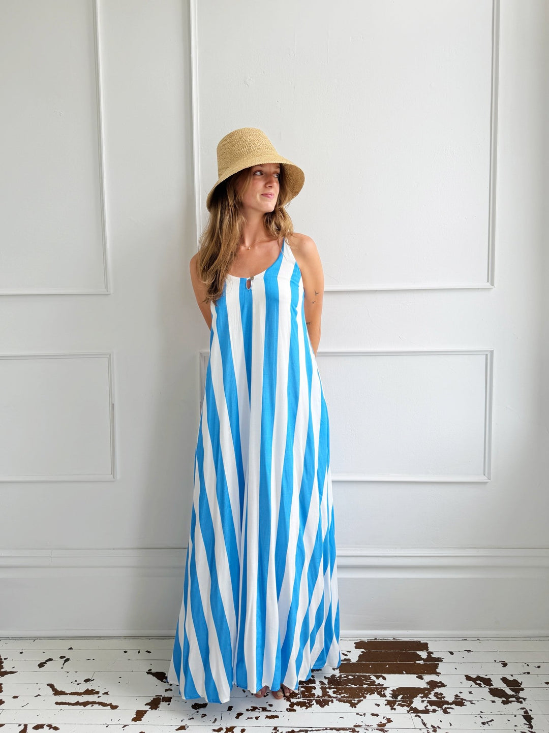 Wide Stripe Midi Dress W/ Tie Back Small / Royal Blue