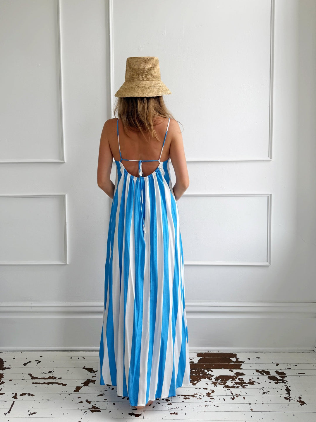 Wide Stripe Midi Dress W/ Tie Back Small / Royal Blue