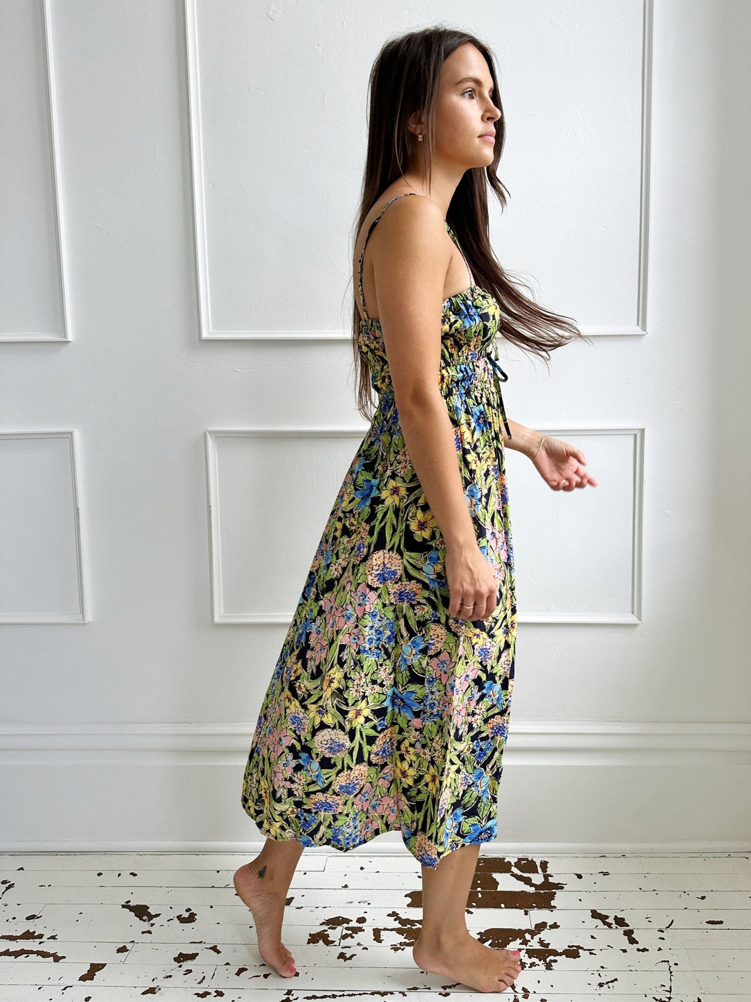 Floral Midi Dress w/ Cinched Bodice - Spring Sweet
