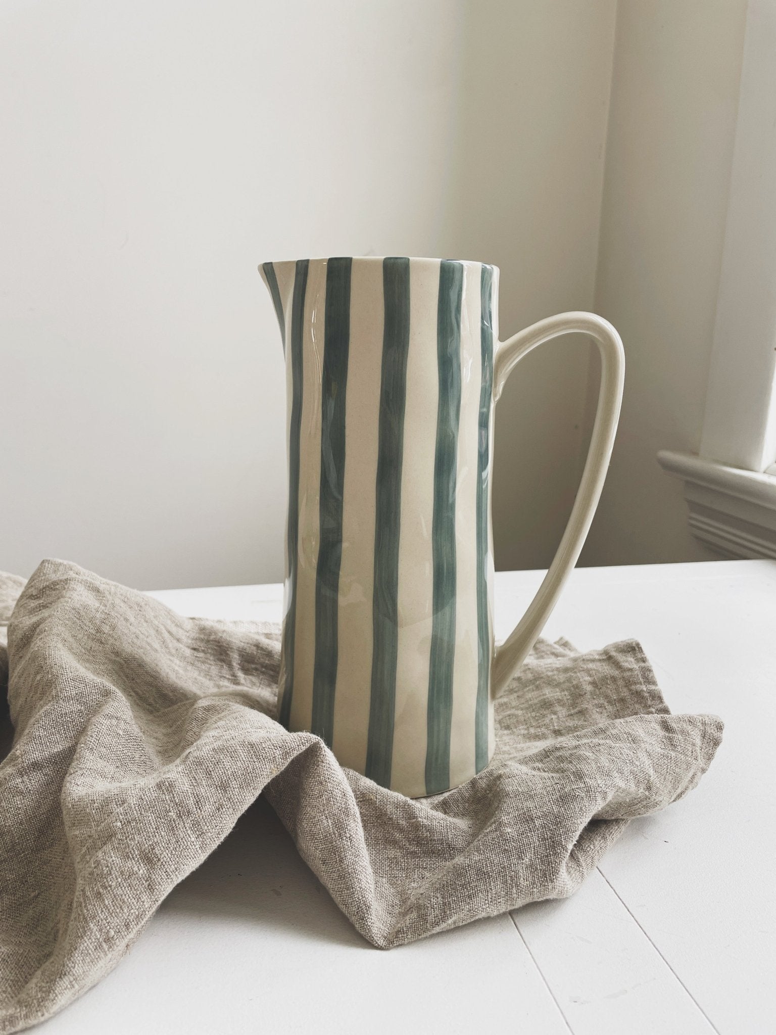 Hand Painted Striped Stoneware Pitcher - Spring Sweet