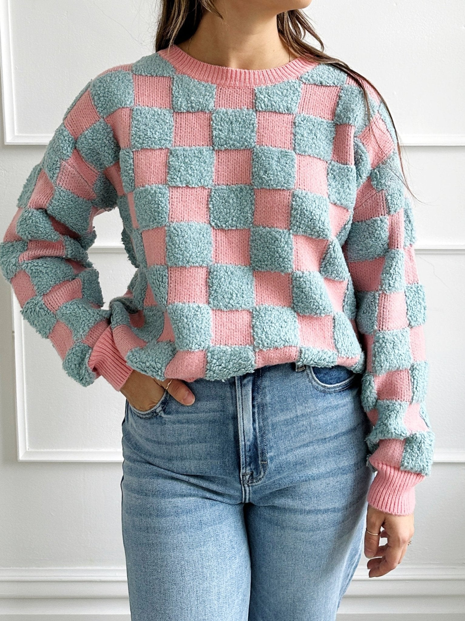 Textured Checker Crewneck Sweater - Spring Sweet
